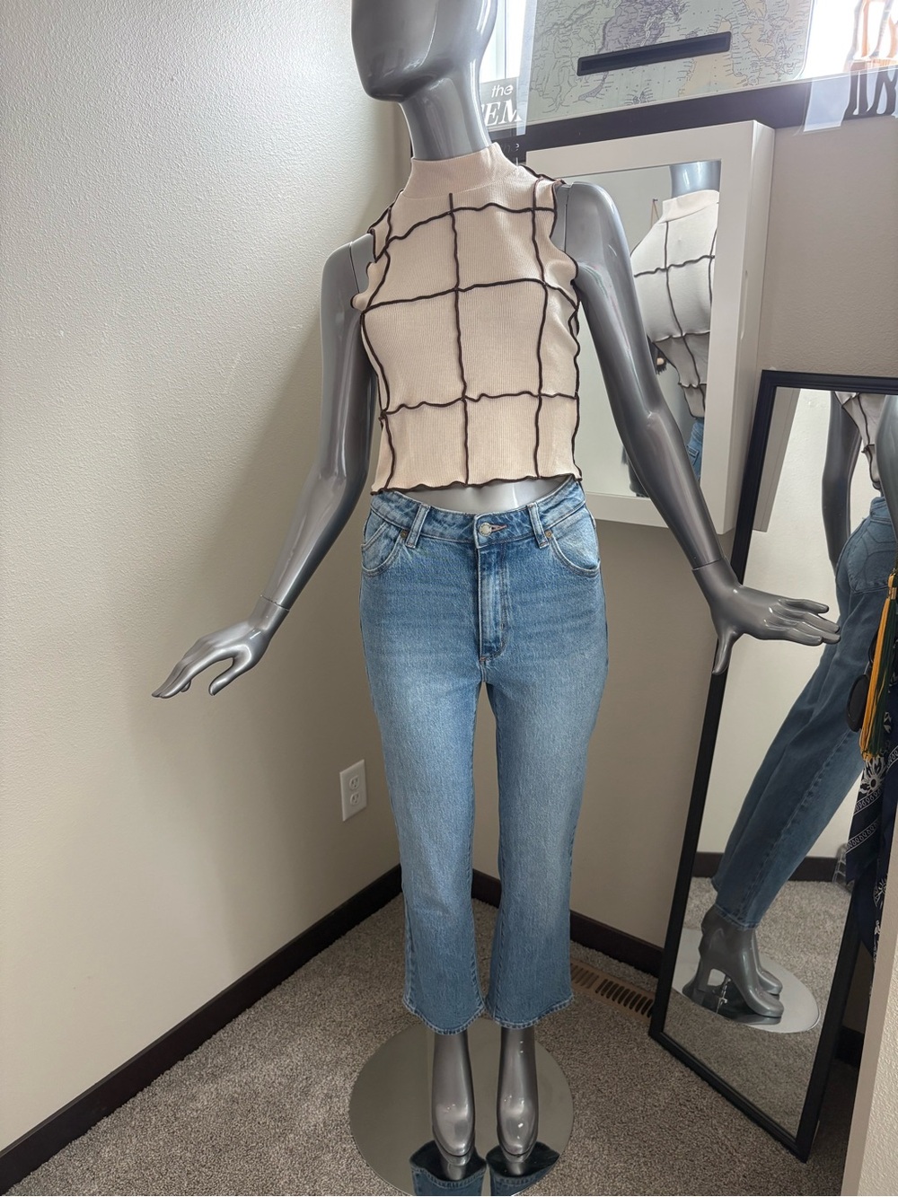 Mock Neck Cream Crop Top with Brown Grid Trim - Picture 3 of 5